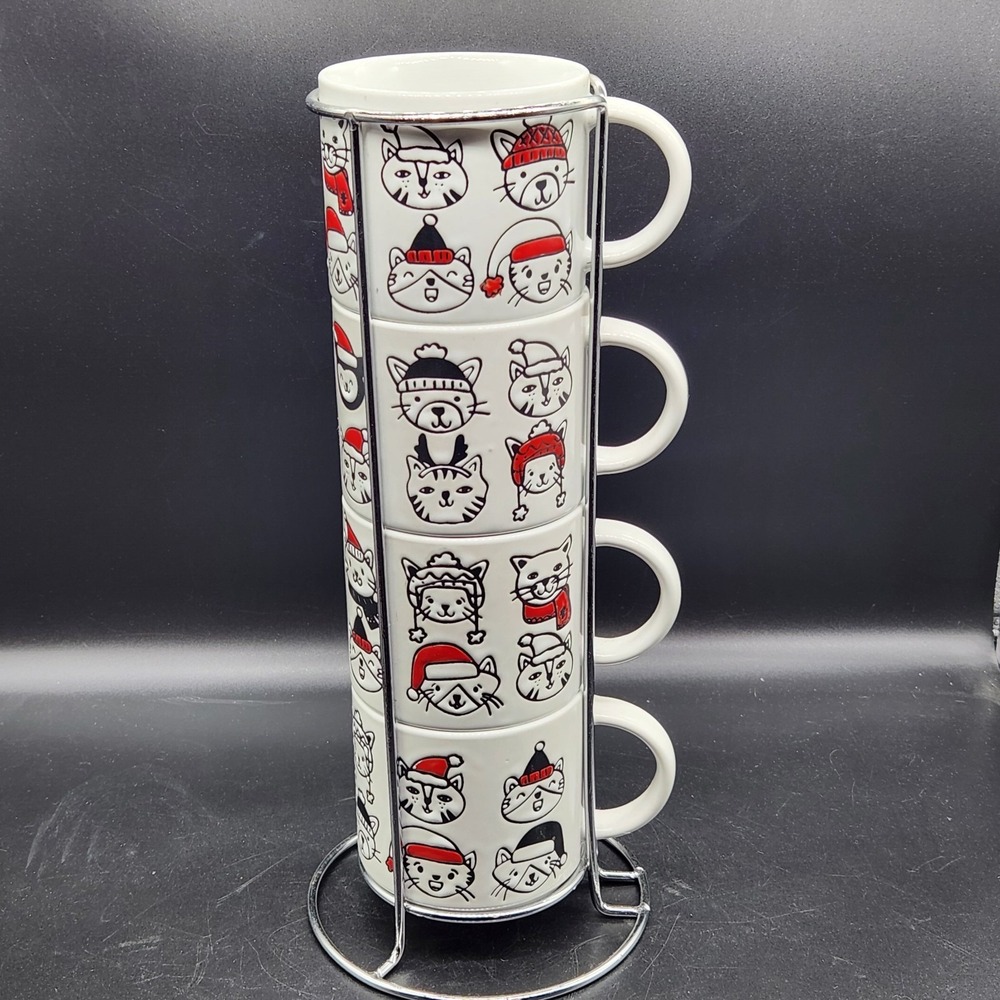 Stackable Holiday Christmas Kitty Cat Mug Tower Set Of 4 10 Oz Prima Design
